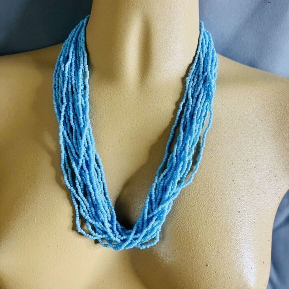 Vintage Necklace Seed Beads Ocean Baby Blue Multi Strand Beaded 4271 - Picture 1 of 9